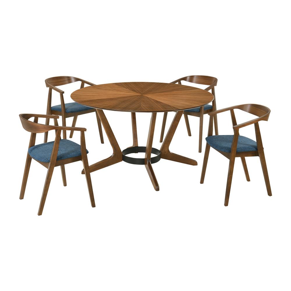 Armen Living - Santana 5 Piece Round Walnut Wood Dining Table Set with Blue Fabric - SETSAWA5BLU veiw 1