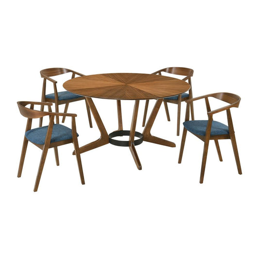 Armen Living - Santana 5 Piece Round Walnut Wood Dining Table Set with Blue Fabric - SETSAWA5BLU veiw 1