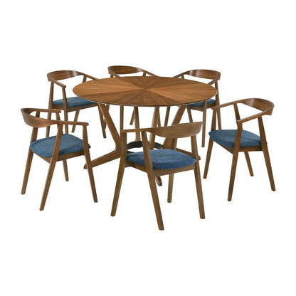 Armen Living - Santana 7 Piece Round Walnut Wood Dining Table Set with Blue Fabric - SETSAWA7BLU veiw 1