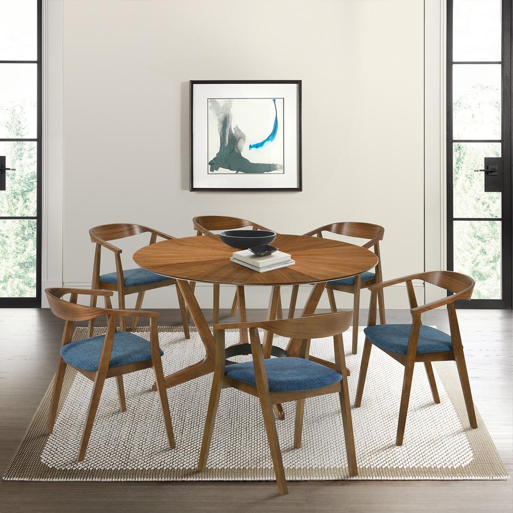 Armen Living - Santana 7 Piece Round Walnut Wood Dining Table Set with Blue Fabric - SETSAWA7BLU veiw 7