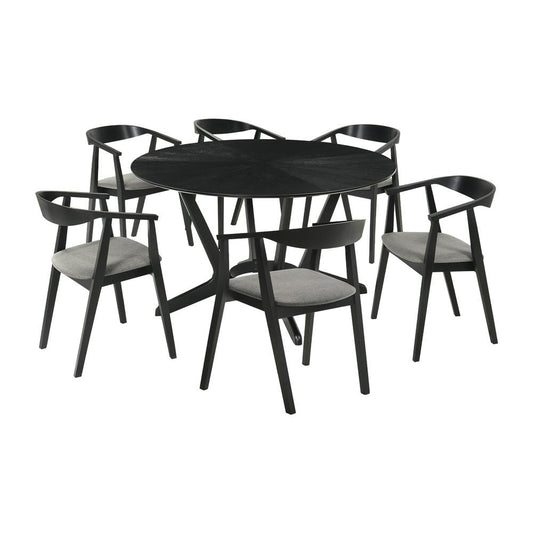 Armen Living - Santana 7 Piece Round Black Wood Dining Table Set with Charcoal Fabric - SETSABLK7CH veiw 1
