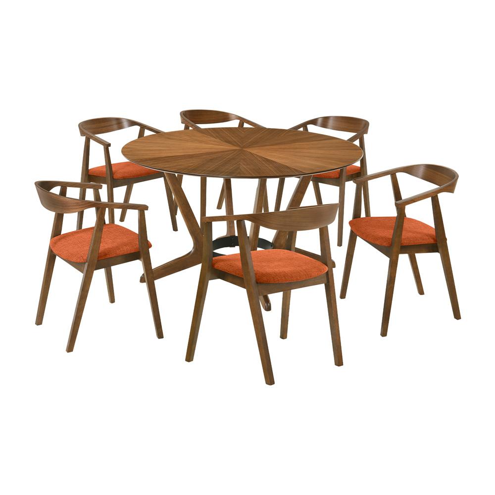 Armen Living - Santana 7 Piece Round Walnut Wood Dining Table Set with Orange Fabric - SETSAWA7OR veiw 1