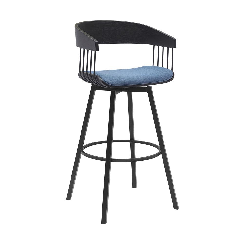 Armen Living - Athena 31in Swivel Black Wood Bar Stool in Blue Fabric with Black Metal - LCATBABLKBLU30 veiw 1