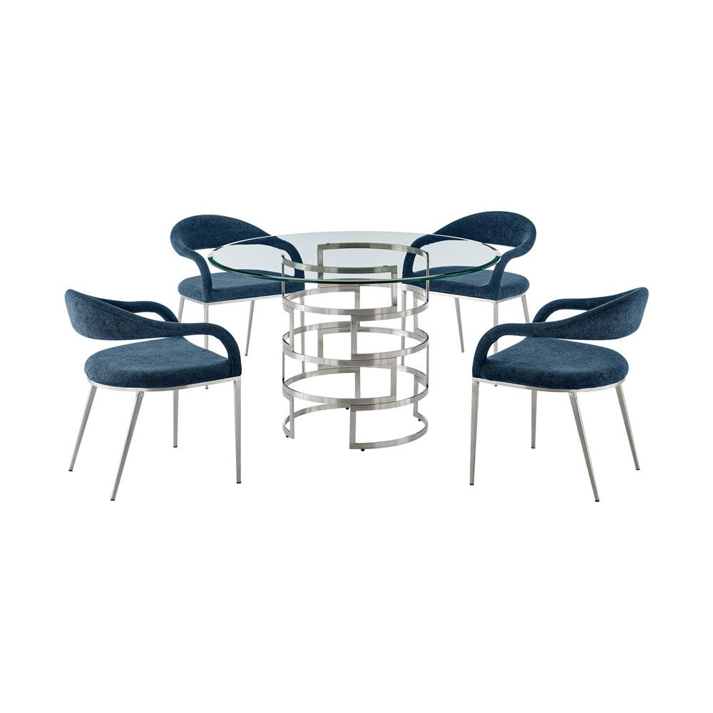 Armen Living - Diaz Morgan 5 Piece Round Glass Dining Table Set with Brushed Stainless Steel and Blue Fabric - SETDI5BSBLU veiw 1