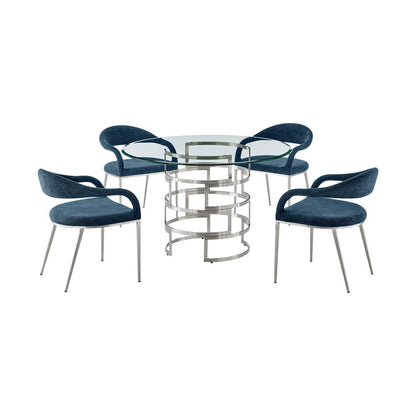 Armen Living - Diaz Morgan 5 Piece Round Glass Dining Table Set with Brushed Stainless Steel and Blue Fabric - SETDI5BSBLU veiw 1