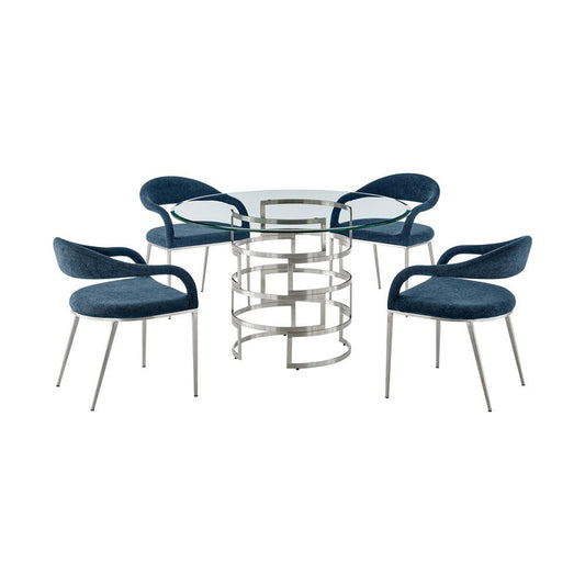 Armen Living - Diaz Morgan 5 Piece Round Glass Dining Table Set with Brushed Stainless Steel and Blue Fabric - SETDI5BSBLU veiw 1