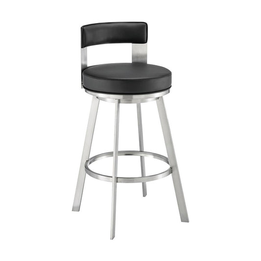 Armen Living - Flynn 26in Swivel Counter Stool in Brushed Stainless Steel with Black Faux Leather - LCFLBABSBLK26 veiw 1
