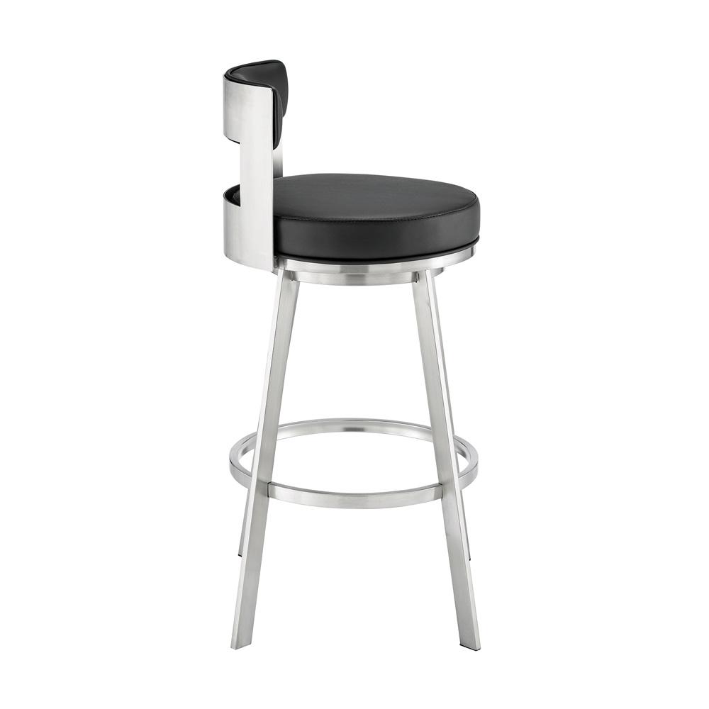 Armen Living - Flynn 26in Swivel Counter Stool in Brushed Stainless Steel with Black Faux Leather - LCFLBABSBLK26 veiw 3