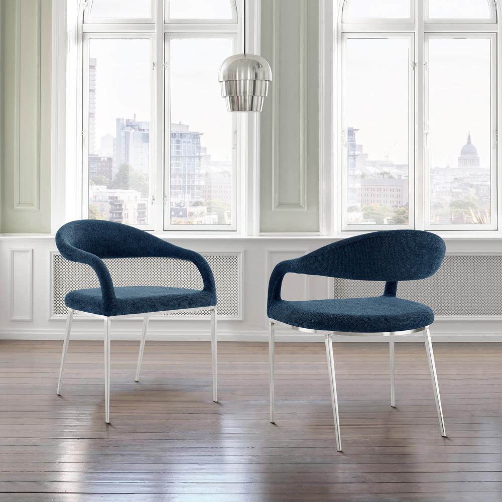 Armen Living - Morgan Upholstered Dining Chair with Brushed Stainless Steel and Blue Fabric - (Set of 2) - LCMOSIBSBLU veiw 7