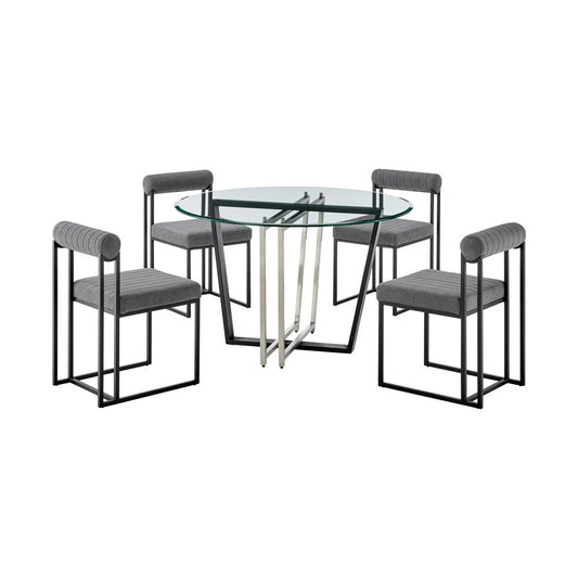 Armen Living - Devi Anastasia 5 Piece Round Glass Dining Table Set with Matte Black Iron and Anchor Gray Fabric - SETDE5BLKAGRY veiw 1