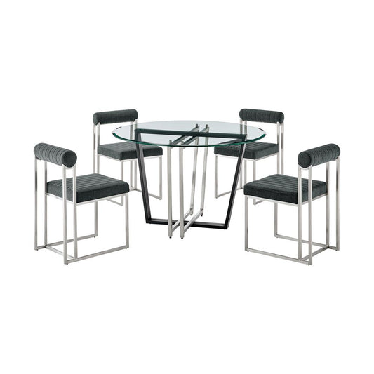 Armen Living - Devi Anastasia 5 Piece Round Glass Dining Table Set with Brushed Stainless Steel and Charcoal Fabric - SETDE5BSCH veiw 1