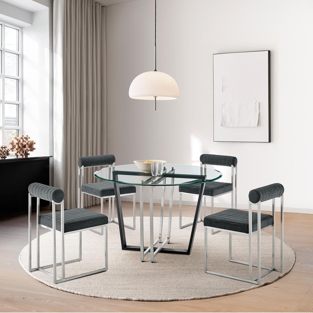 Armen Living - Devi Anastasia 5 Piece Round Glass Dining Table Set with Brushed Stainless Steel and Charcoal Fabric - SETDE5BSCH veiw 7