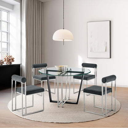 Armen Living - Devi Anastasia 5 Piece Round Glass Dining Table Set with Brushed Stainless Steel and Charcoal Fabric - SETDE5BSCH veiw 7