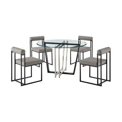 Armen Living - Devi Anastasia 5 Piece Round Glass Dining Table Set with Matte Black Iron and Light Gray Faux Leather - SETDE5BLKPGRY veiw 1