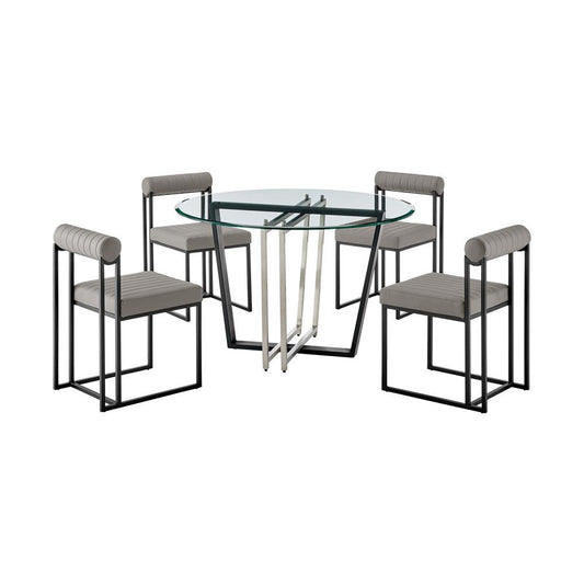 Armen Living - Devi Anastasia 5 Piece Round Glass Dining Table Set with Matte Black Iron and Light Gray Faux Leather - SETDE5BLKPGRY veiw 1