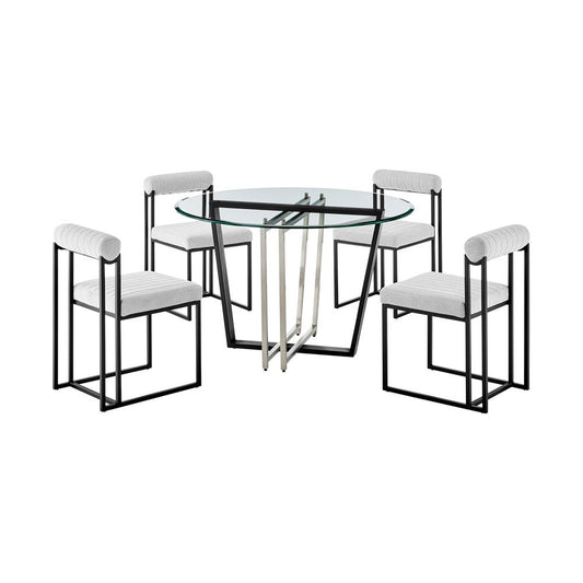Armen Living - Devi Anastasia 5 Piece Round Glass Dining Table Set with Matte Black Iron and Light Gray Fabric - SETDE5BLKLGRY veiw 1