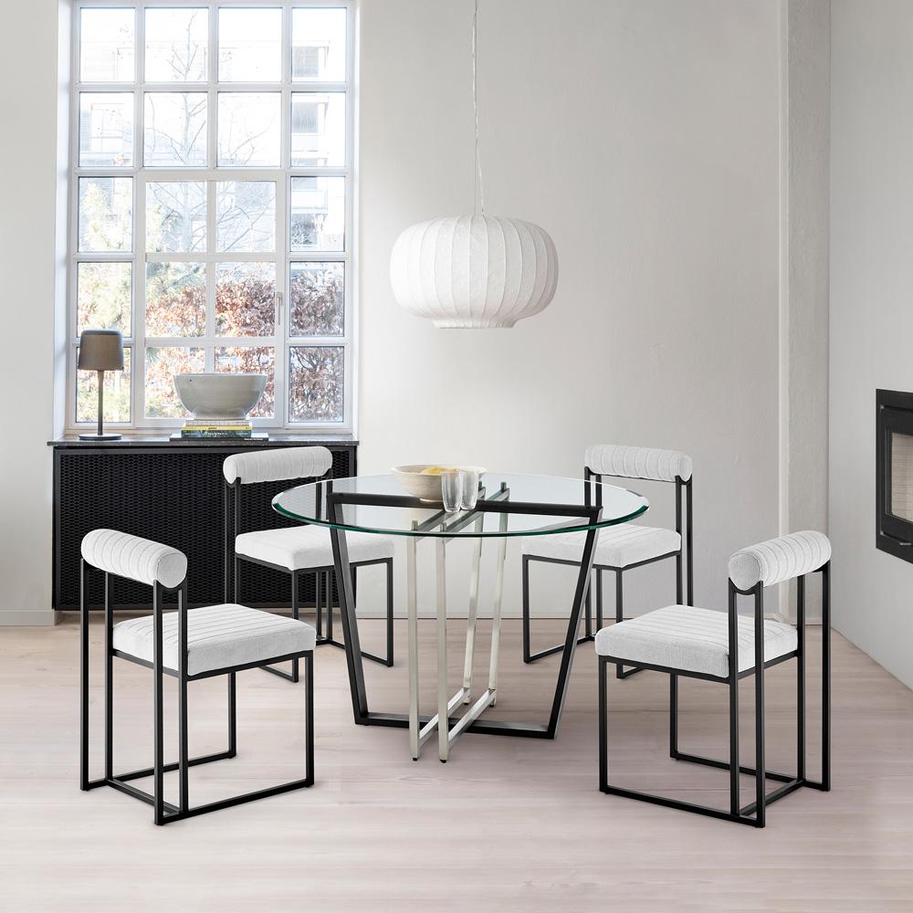 Armen Living - Devi Anastasia 5 Piece Round Glass Dining Table Set with Matte Black Iron and Light Gray Fabric - SETDE5BLKLGRY veiw 7