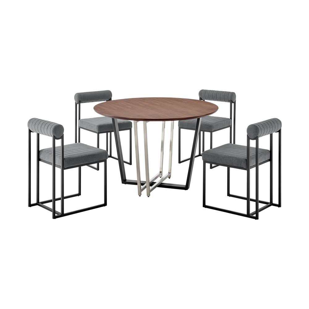 Armen Living - Joana Anastasia 5 Piece Round Walnut Dining Table Set with Matte Black Iron and Anchor Gray Fabric - SETJO5BLKAGRY veiw 1