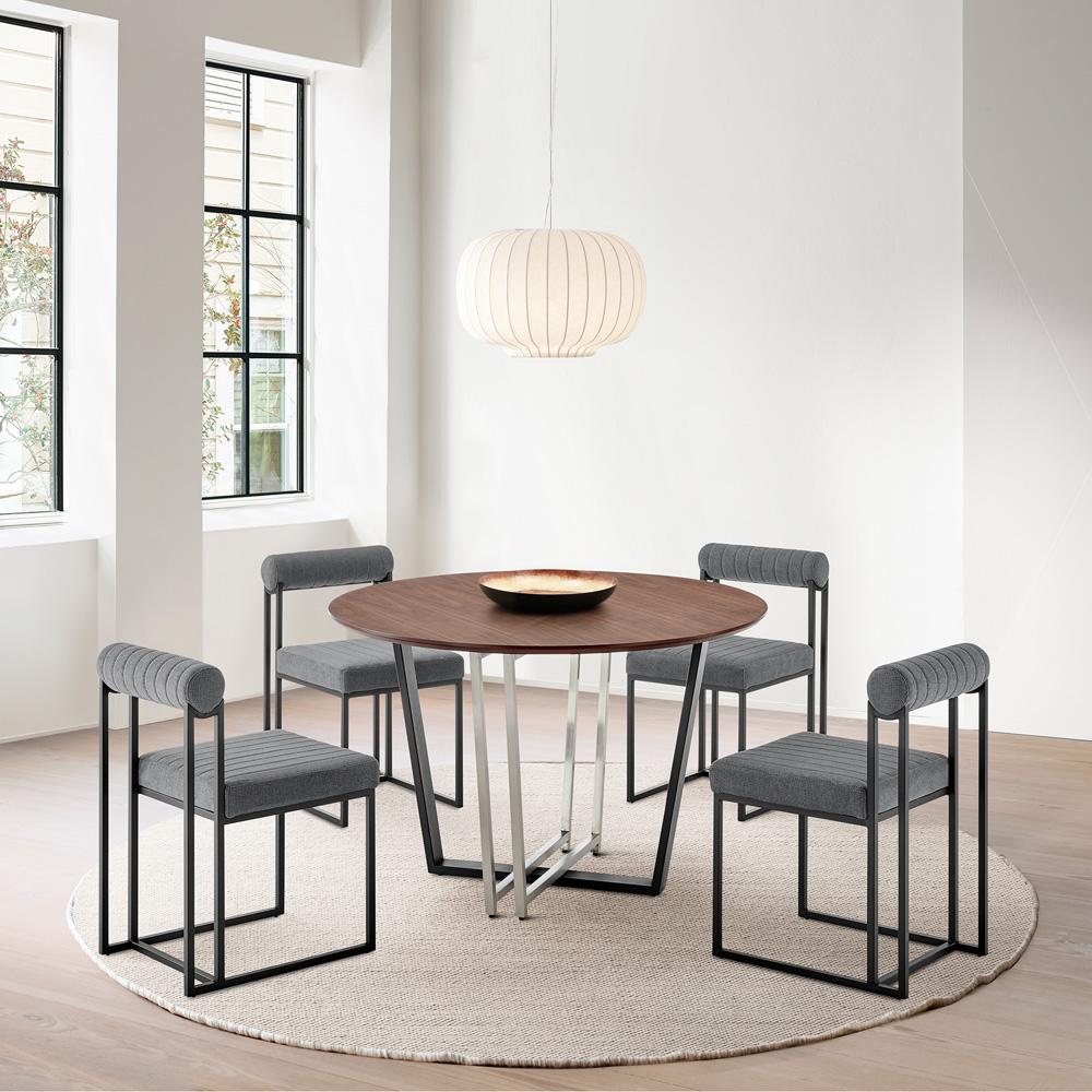 Armen Living - Joana Anastasia 5 Piece Round Walnut Dining Table Set with Matte Black Iron and Anchor Gray Fabric - SETJO5BLKAGRY veiw 7