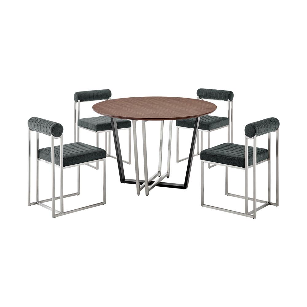 Armen Living - Joana Anastasia 5 Piece Round Walnut Dining Table Set with Brushed Stainless Steel and Charcoal Fabric - SETJO5BSCH veiw 1