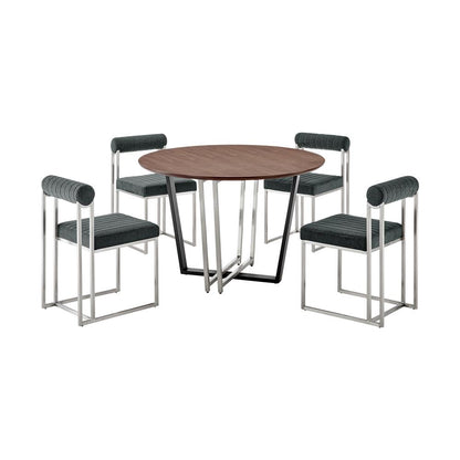 Armen Living - Joana Anastasia 5 Piece Round Walnut Dining Table Set with Brushed Stainless Steel and Charcoal Fabric - SETJO5BSCH veiw 1