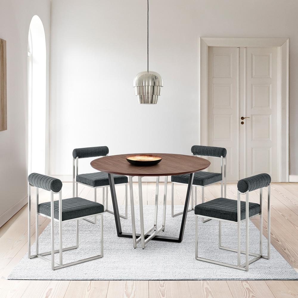 Armen Living - Joana Anastasia 5 Piece Round Walnut Dining Table Set with Brushed Stainless Steel and Charcoal Fabric - SETJO5BSCH veiw 7