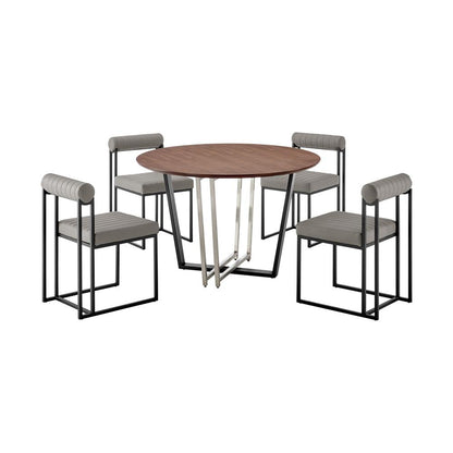 Armen Living - Joana Anastasia 5 Piece Round Walnut Dining Table Set with Matte Black Iron and Light Gray Faux Leather - SETJO5BLKPGRY veiw 1