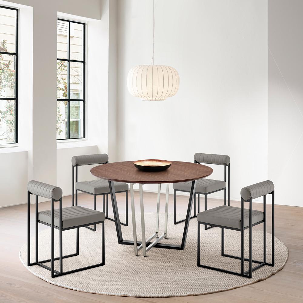 Armen Living - Joana Anastasia 5 Piece Round Walnut Dining Table Set with Matte Black Iron and Light Gray Faux Leather - SETJO5BLKPGRY veiw 7