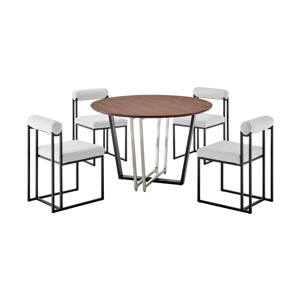 Armen Living - Joana Anastasia 5 Piece Round Walnut Dining Table Set with Matte Black Iron and Light Gray Fabric - SETJO5BLKLGRY veiw 1