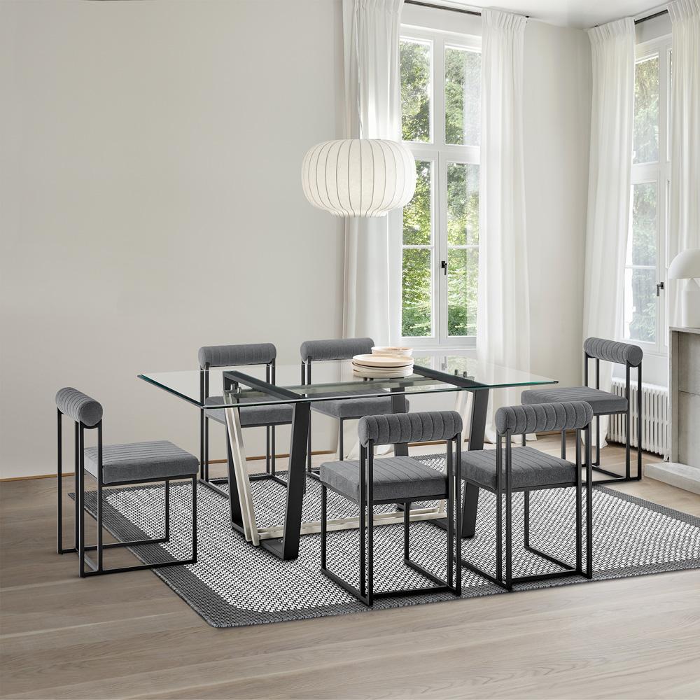 Armen Living - Kai Anastasia 7 Piece Rectangular Glass Dining Table Set with Matte Black Iron and Anchor Gray Fabric - SETKA7BLKAGRY veiw 7