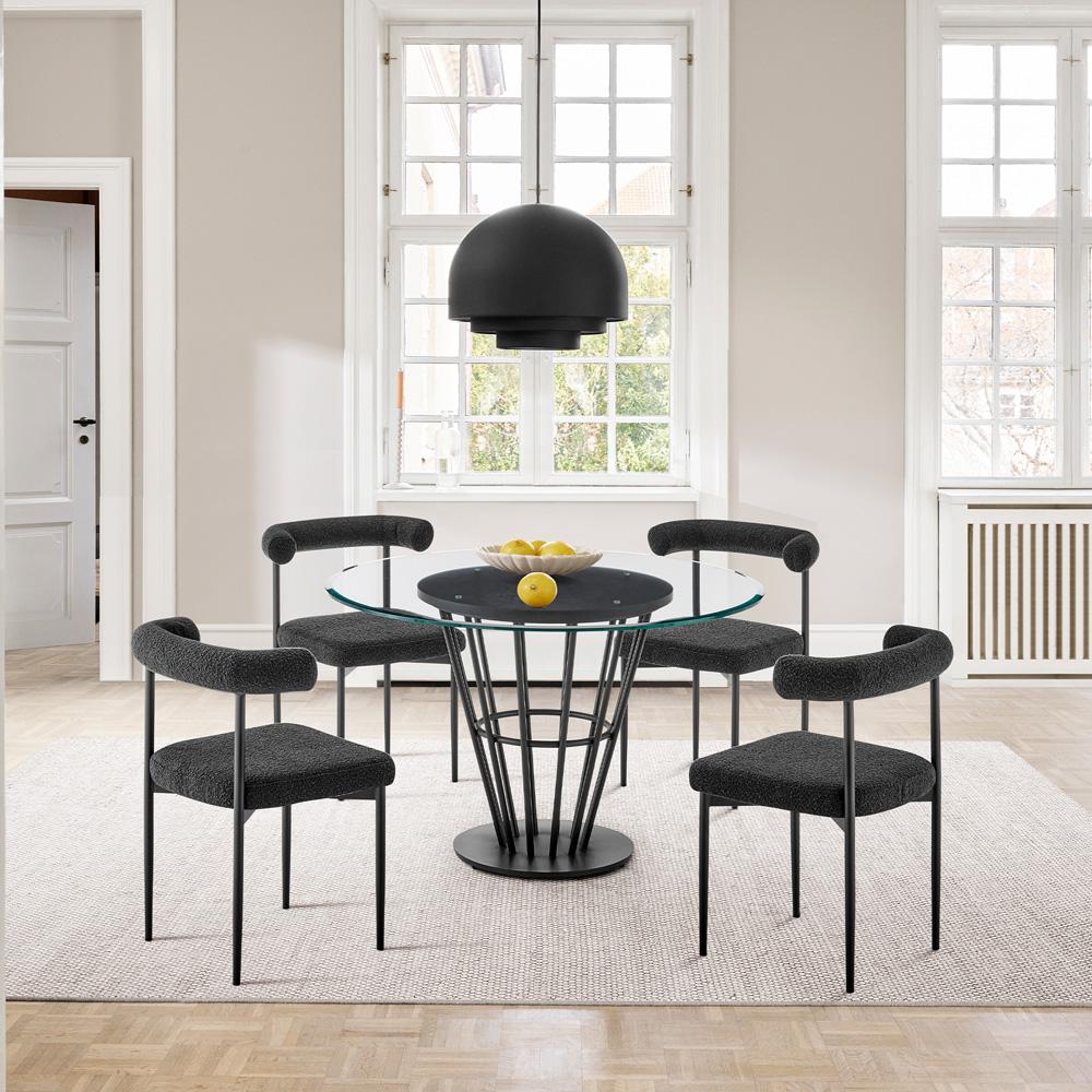 Armen Living - Veronica Shannon 5 Piece Round Glass Dining Table Set with Matte Black Iron and Black Fabric - SETVRDI5BLK veiw 7