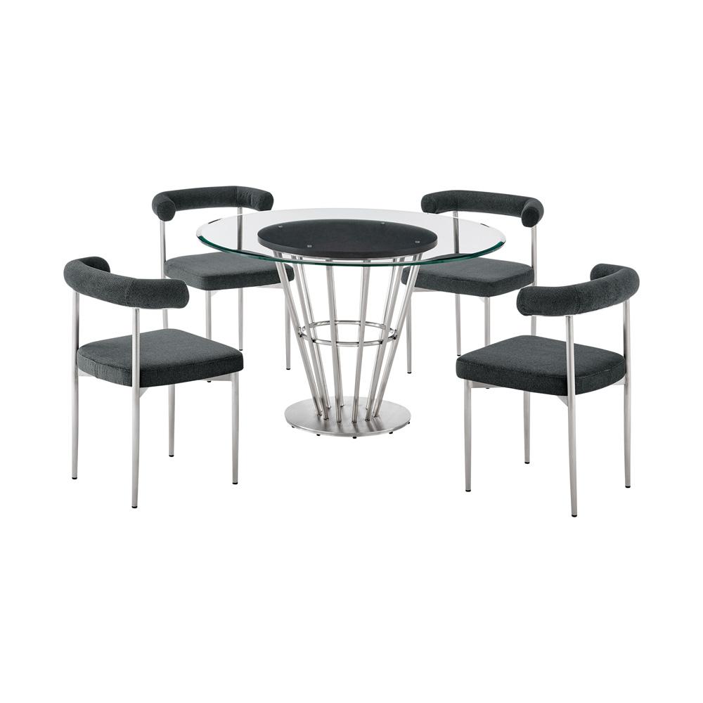 Armen Living - Veronica Shannon 5 Piece Round Glass Dining Table Set with Brushed Stainless Steel and Charcoal Fabric - SETVRDI5BSCH veiw 1