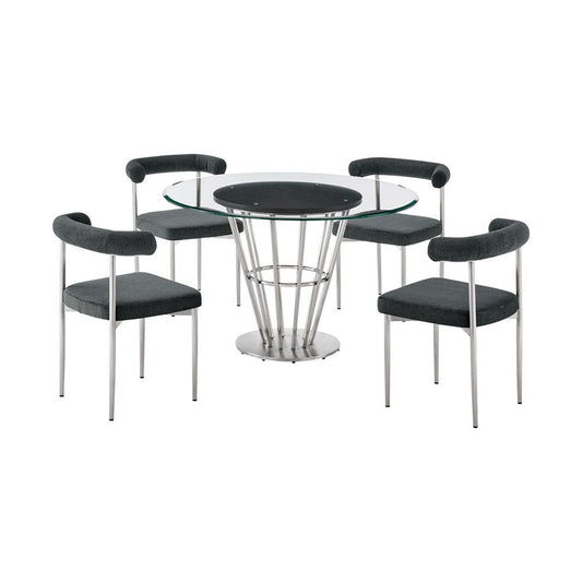 Armen Living - Veronica Shannon 5 Piece Round Glass Dining Table Set with Brushed Stainless Steel and Charcoal Fabric - SETVRDI5BSCH veiw 1