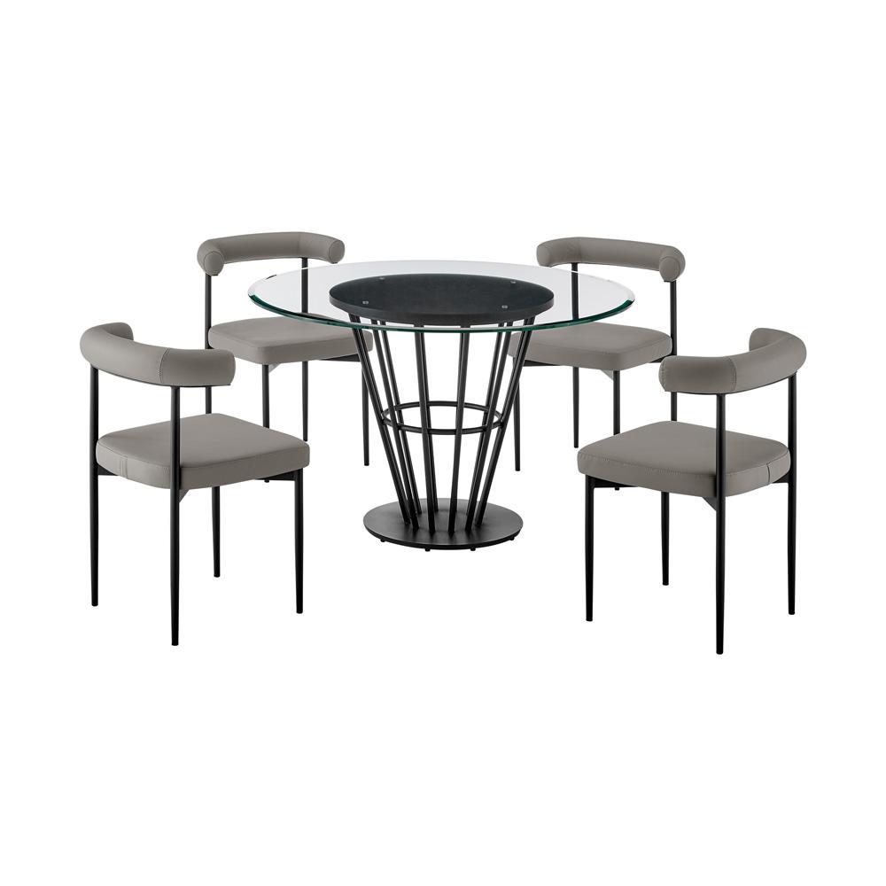 Armen Living - Veronica Shannon 5 Piece Round Glass Dining Table Set with Matte Black Iron and Gray Faux Leather - SETVRDI5BLKPGRY veiw 1