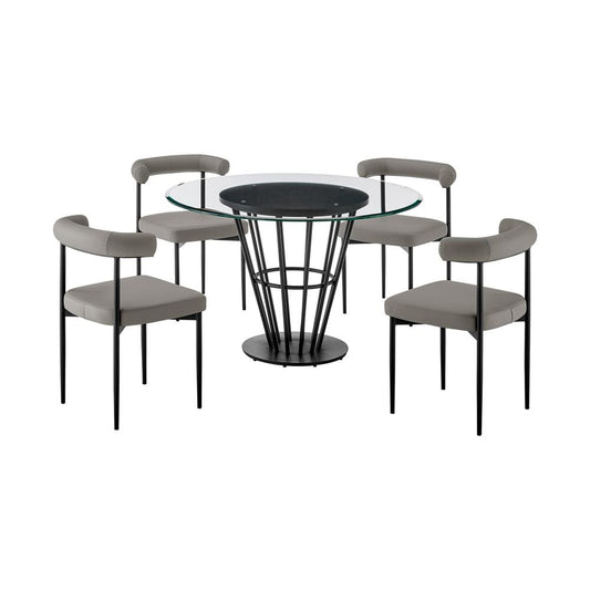 Armen Living - Veronica Shannon 5 Piece Round Glass Dining Table Set with Matte Black Iron and Gray Faux Leather - SETVRDI5BLKPGRY veiw 1