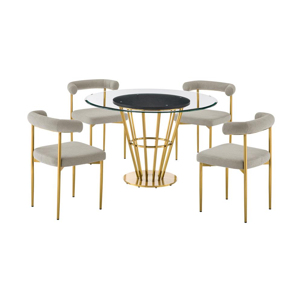 Armen Living - Veronica Shannon 5 Piece Round Glass Dining Table Set with Gold Brushed Stainless Steel and Taupe Fabric - SETVRDI5BGLTP veiw 1
