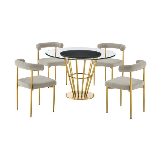Armen Living - Veronica Shannon 5 Piece Round Glass Dining Table Set with Gold Brushed Stainless Steel and Taupe Fabric - SETVRDI5BGLTP veiw 1