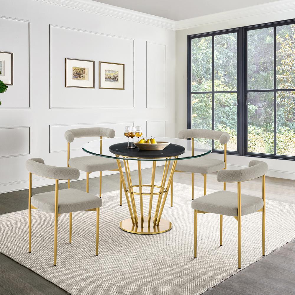 Armen Living - Veronica Shannon 5 Piece Round Glass Dining Table Set with Gold Brushed Stainless Steel and Taupe Fabric - SETVRDI5BGLTP veiw 7