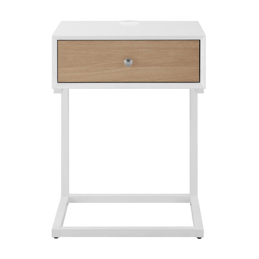 Euro Style - Daeg 18inW Smart Side Table, Matte White/Natural Oak Veneer Drawer - 90442-WHT veiw 1