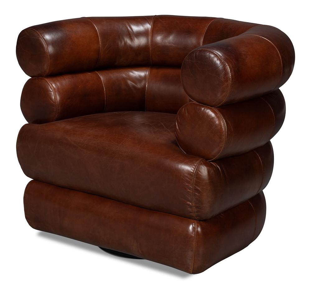 Sarreid Ltd - Rondo Leather Swivel Chair,Brown - 54068 veiw 1