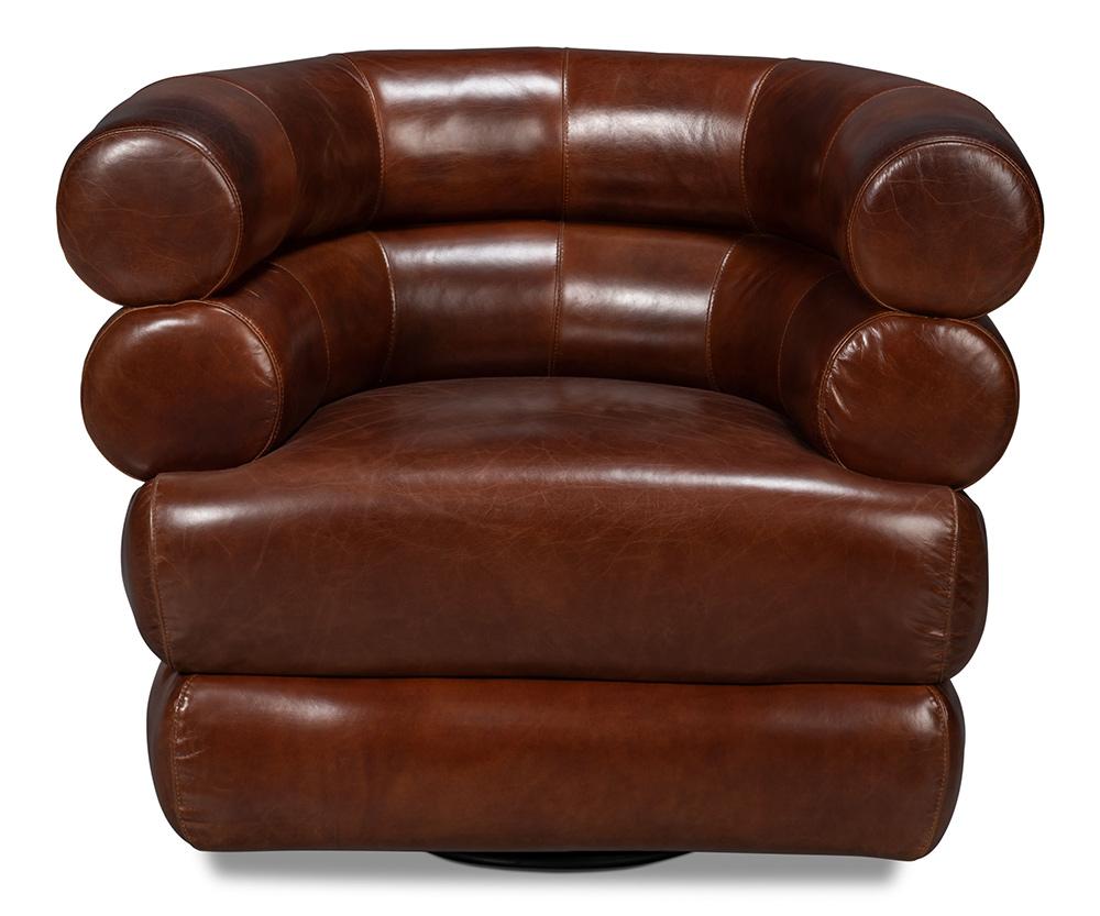 Sarreid Ltd - Rondo Leather Swivel Chair,Brown - 54068 veiw 2