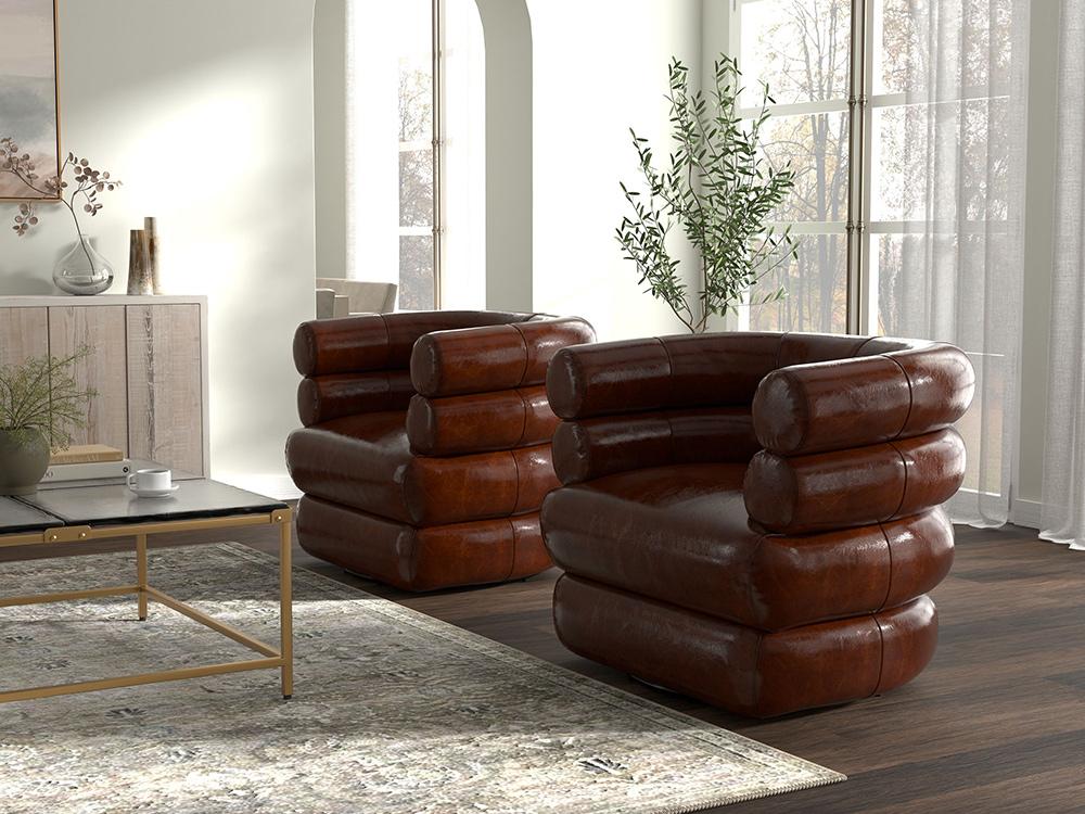 Sarreid Ltd - Rondo Leather Swivel Chair,Brown - 54068 veiw 8