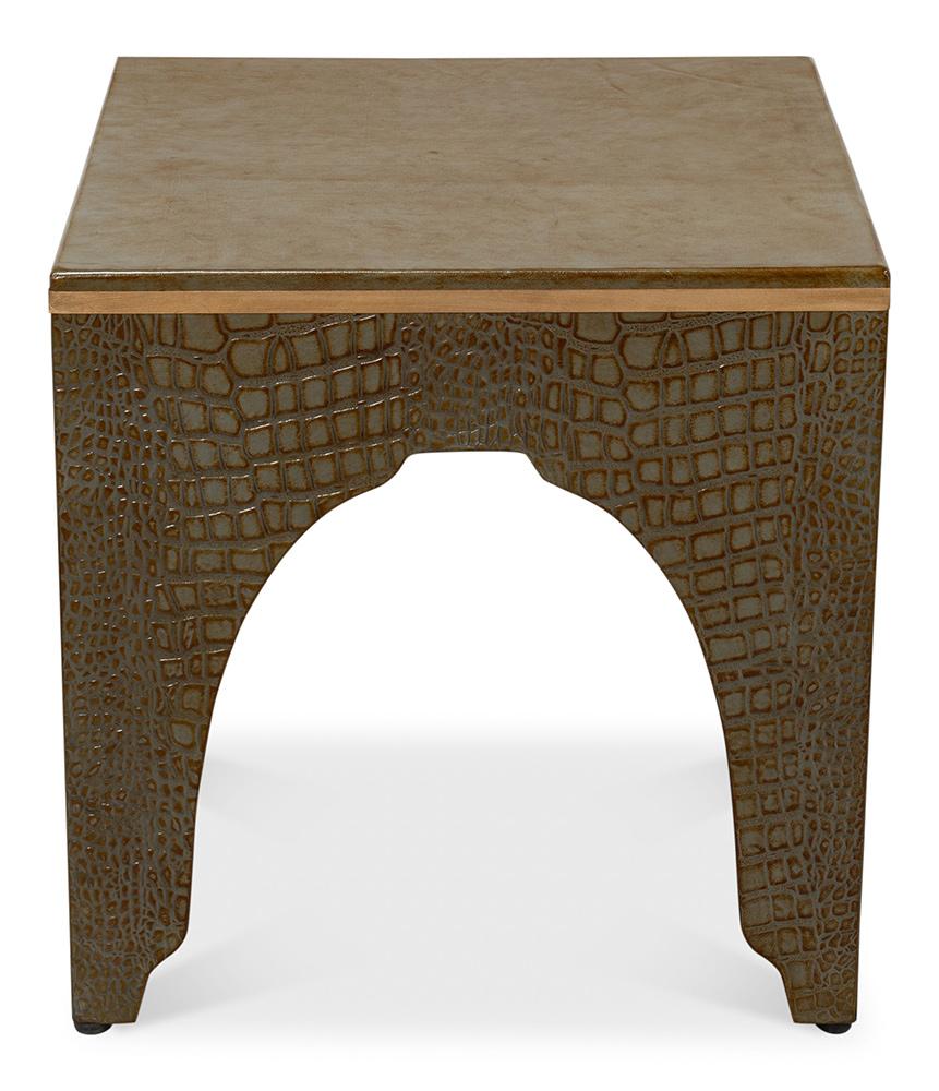 Sarreid Ltd - Croco Embossed Leather Stool, Ant. Green - 54011-3 veiw 2