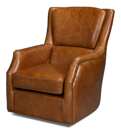 Sarreid Ltd - Baker Leather Swivel Chair, Cuba Brown - 54107 veiw 1