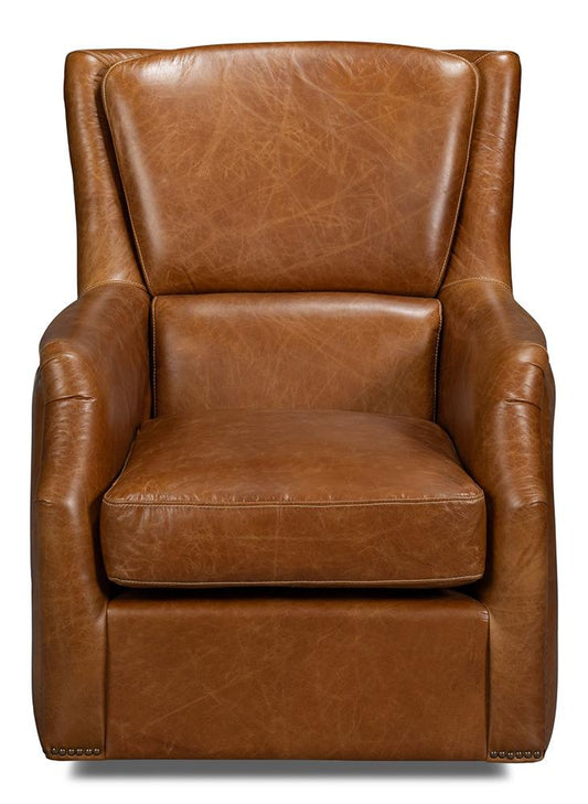 Sarreid Ltd - Baker Leather Swivel Chair, Cuba Brown - 54107 veiw 2
