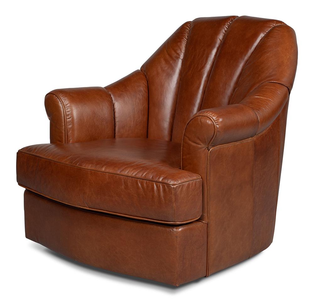Sarreid Ltd - Scoth Swivel Chair In Distilled Leather - Brown - 53895 veiw 1