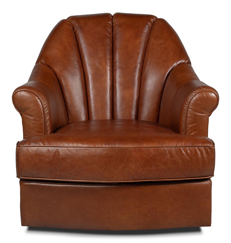 Sarreid Ltd - Scoth Swivel Chair In Distilled Leather - Brown - 53895 veiw 2