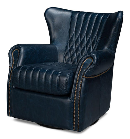 Sarreid Ltd - Bugatti Leather Swivel Chair, Blue - 54112 veiw 1