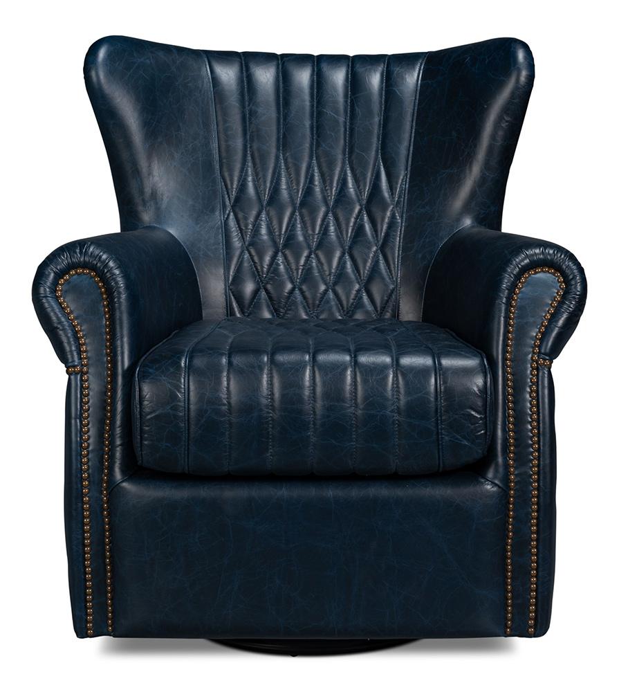 Sarreid Ltd - Bugatti Leather Swivel Chair, Blue - 54112 veiw 2