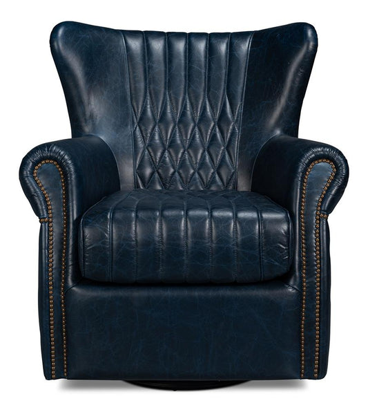 Sarreid Ltd - Bugatti Leather Swivel Chair, Blue - 54112 veiw 2